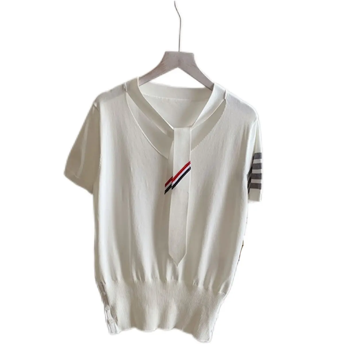 

JuieSnow 2021 New TB Striped Bow Tie Webbing T-Shirt All-Match V-Neck Sweater Short-Sleeved Women's Knitted T-Shirts For Summer