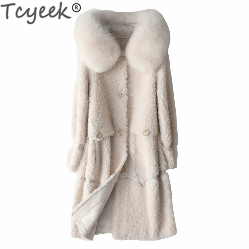 Tcyeek натуральный стрижки овец кожаная куртка большой на лисьем меху с капюшоном