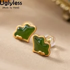Uglyless натуральный зеленый Jade Jasper серьги-гвоздики для женщин Мини драгоценные камни Brincos, можно носить с милым узором в виде сердечек-shape форме, благодаря чему создается ощущение невесомости с Любовь Подарки 925 Серебро Драгоценные Камни