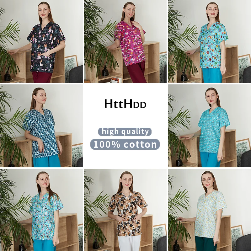 

Футболка с короткими рукавами с ажурной кромкой на 100% костюмы из хлопка с мультяшным принтом скрабы летние топы для девочек с v-образным выр...