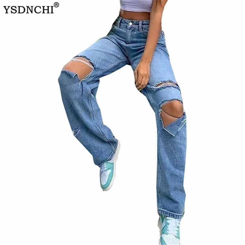 

YSDNCHI Blue Hole Jeans The Loose Fit High Waist Comfortable Stretch Ripped Women Denim Pant Casual Pockets Straight