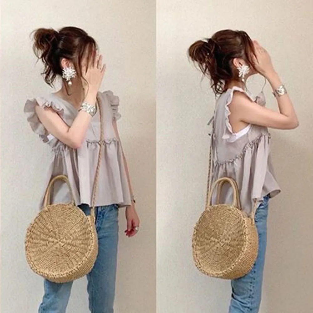 

T-shirt Loose Ruffles Casual Blouse Tops Summer Korea Japan 2021 Lace Up Pullover Plain High Waist Sleeveless Women Shirts