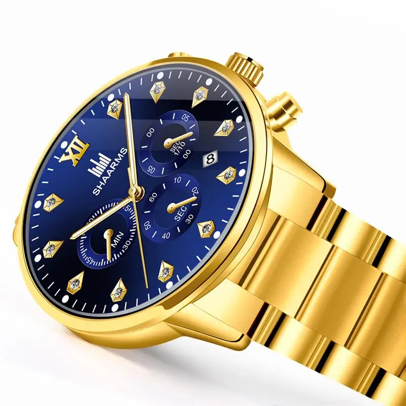SHAARMS мужские часы золотые черные нержавеющая сталь кварцевые с датой наручные