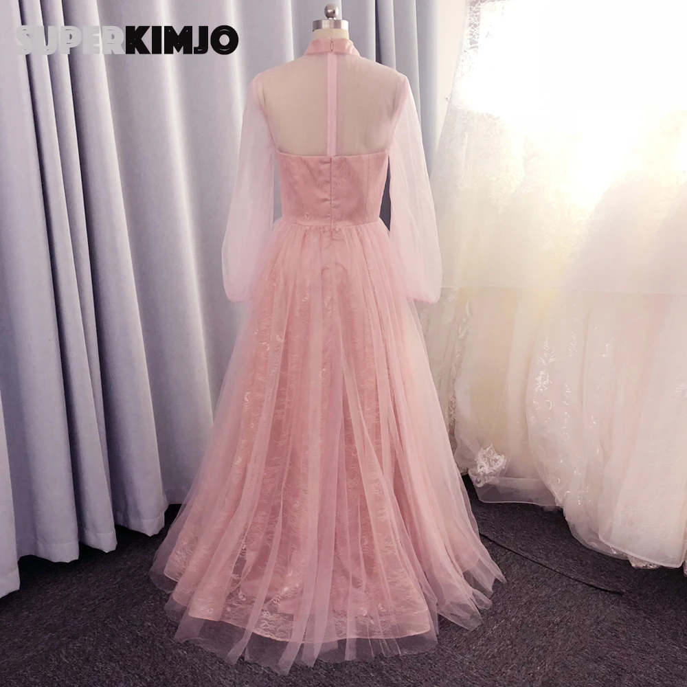 Женское вечернее платье с длинным рукавом dusty розовое кружевное трапециевидной