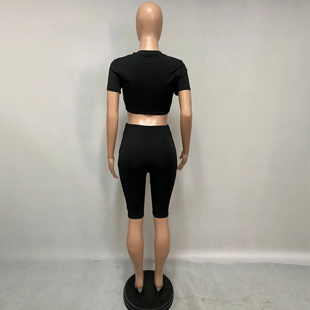 

Women Two Piece Shorts Sets Solid Plus Size Short Sleeve Crop Top High Waist Biker Short Summer Sporty Running Club Outfits
