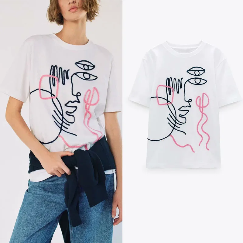

Summer Stripe Print Embroidery T Shirt Za Women Vintage Short Sleeve O Neck Line Pattern T Shirts Woman Chic Girl Cropped Top