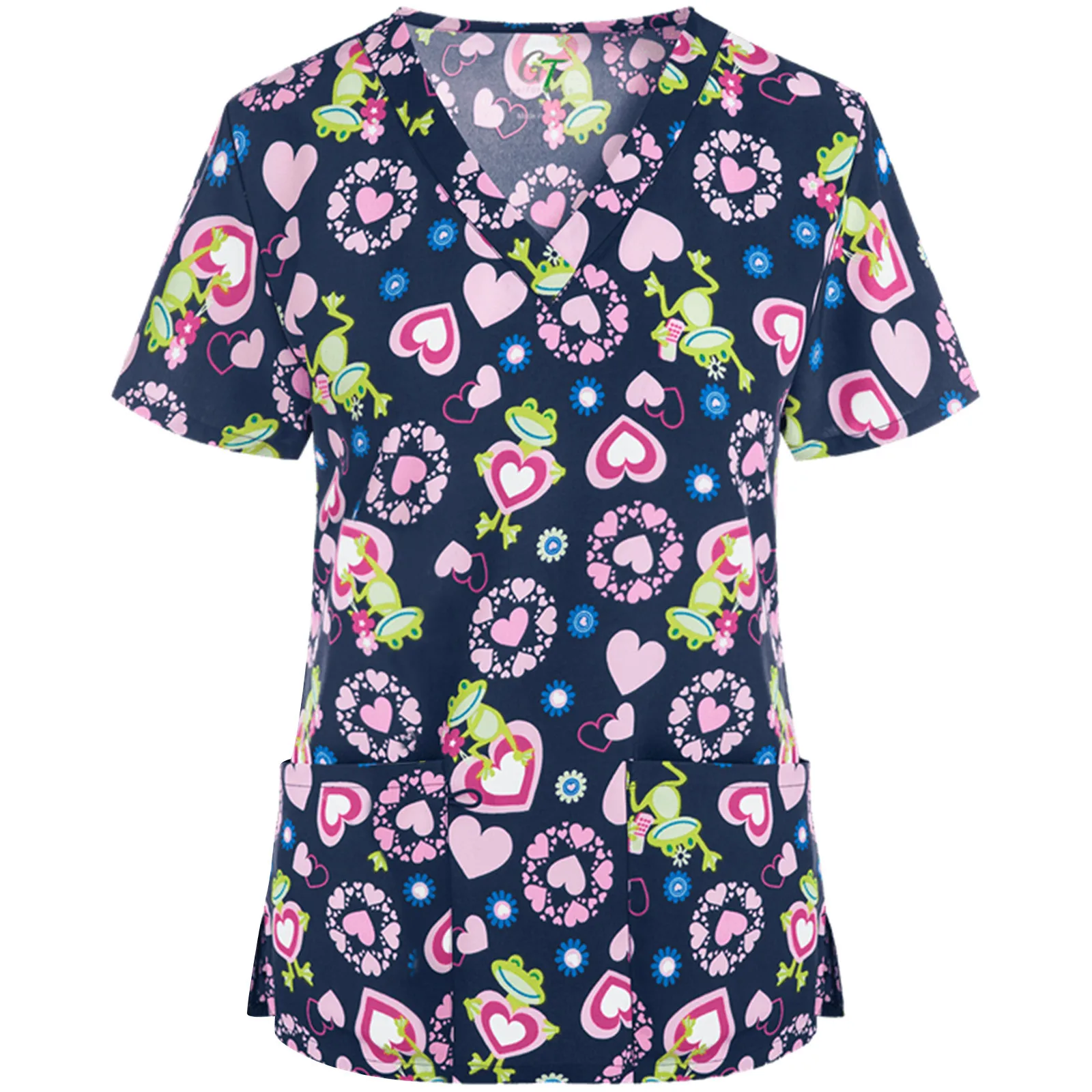 

2021 New Ladies Cute animal print casual short-sleeved V-neck care work Blouse top Nurse Support Wholesale