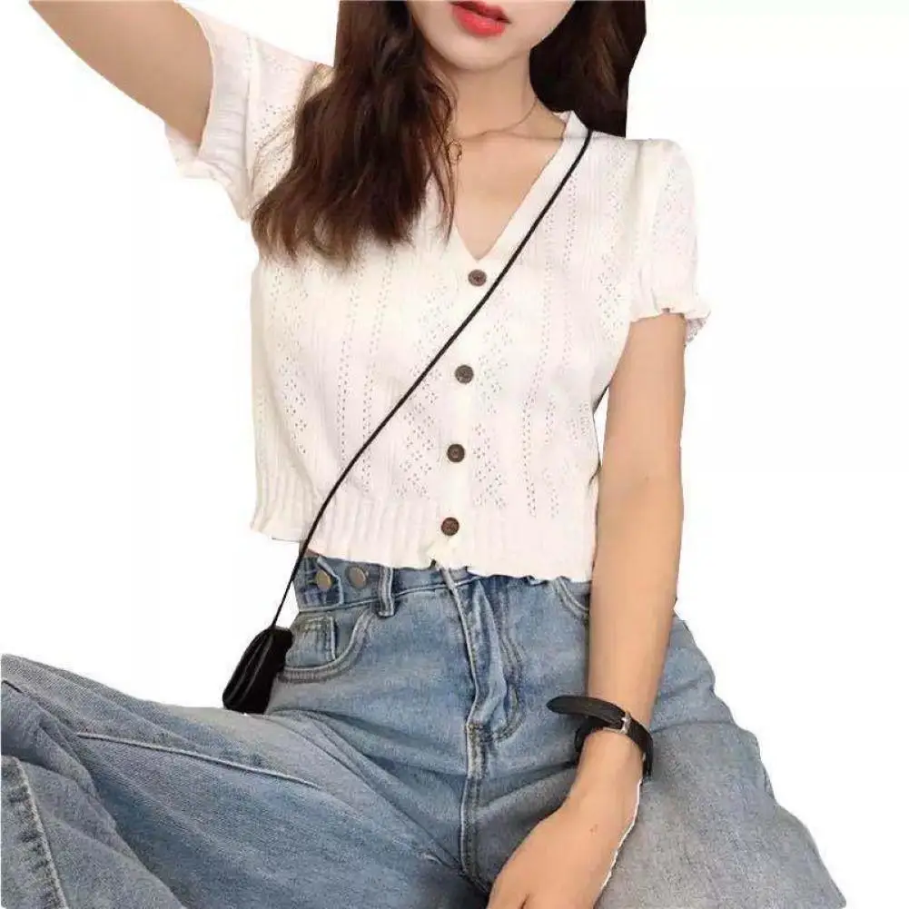 

2021 Fashion Women Summer T-Shirt Knitted Ice Silk Short Sleeve Breathable Hollow V Neck Button T-shirt Blouse Women Crop Top