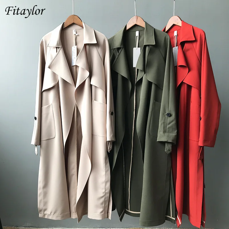 

Fitaylor Spring New Arrival Women Turn-down Collar Open Stitch Casual Wide-waisted Trench Office Lady Solid Long Jacket