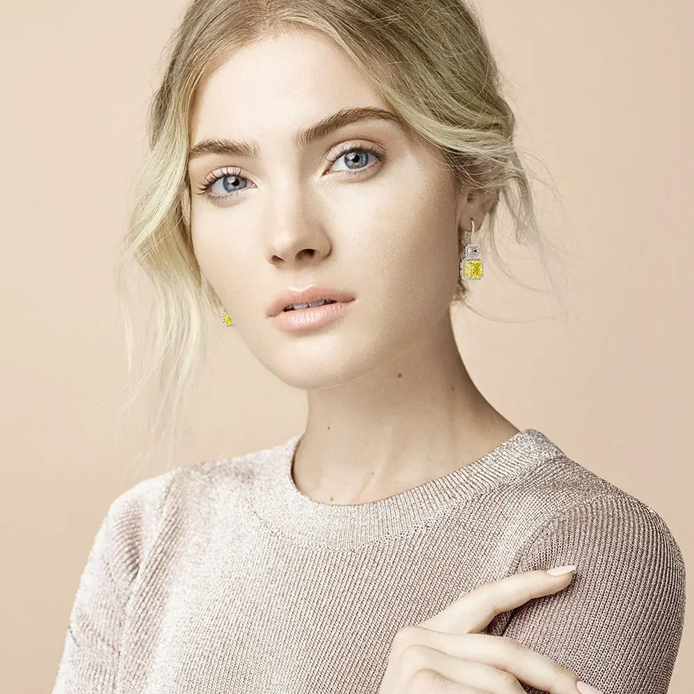 Однотонные желтые квадратные циркониевые серьги-подвески из стерлингового