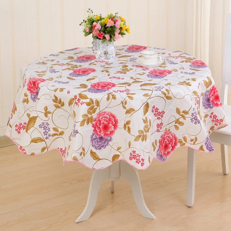 

Round Table Cloth Plastic Waterproof Oilproof Table Cover Floral Printed Lace Edge Anti Coffee Tea Simple Printing Tablecloth