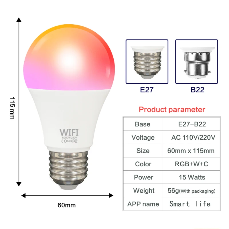 

TUYA 9W WiFi Smart Light Bulb E27/B22 LED RGB Lamp Work With Alexa/Google Home RGB+CW+WW Timer Function Magic Bulb Home Lighting