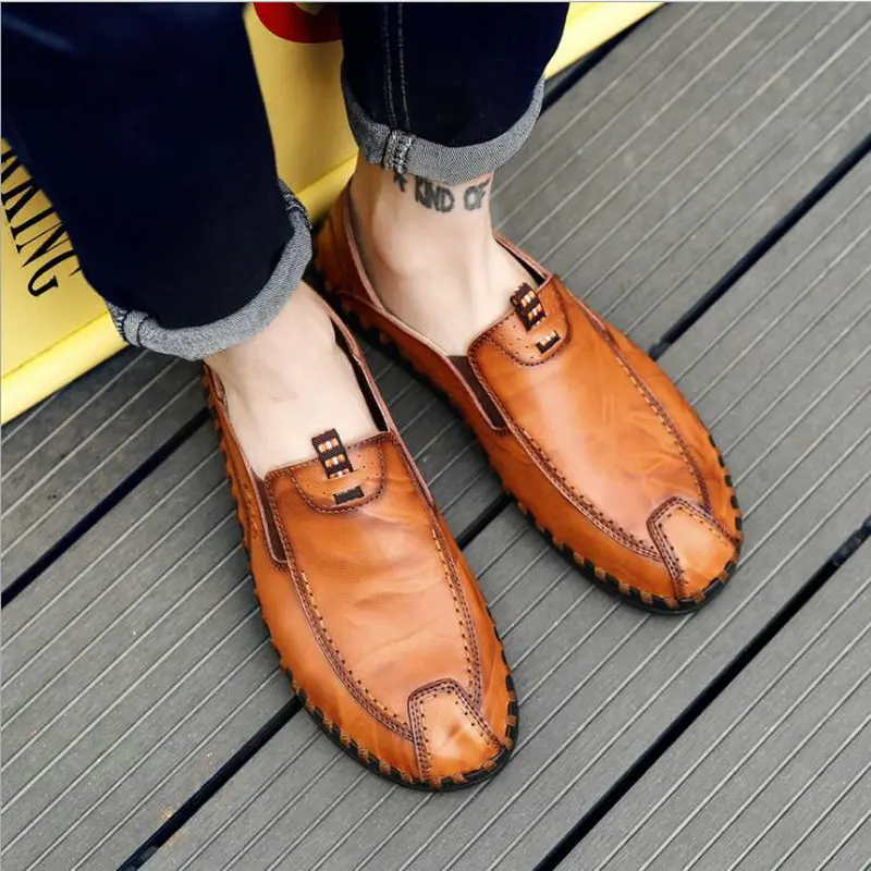

Men Flats Moccasins Shoes Handmade Comfortable Men Casual Shoes Loafers Driving Lazy Men Quality Split Leather Shoes A52-16