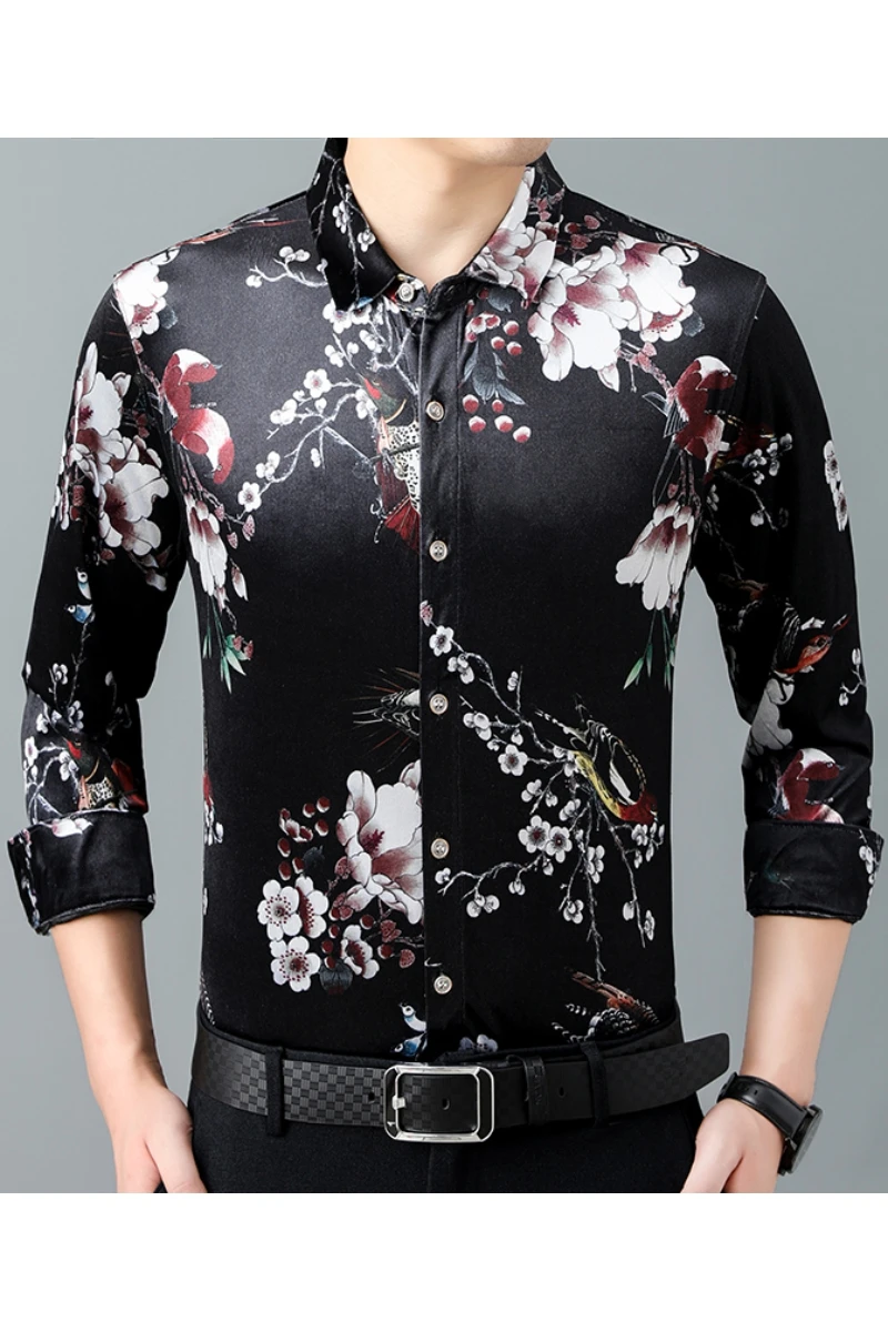 

New Arrival 2020 Autumn Gold Flowers Velvet Shirts Mens Velour Oversize Shirts Loose Middle-aged Plus Size Blouse Flannel Clothe