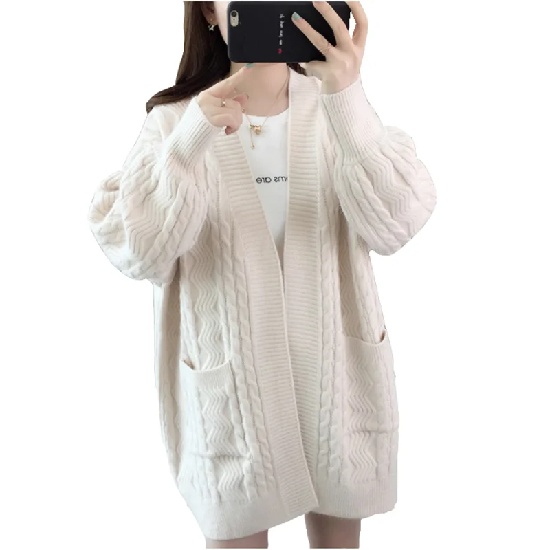 

Autumn new Korean wild solid color sweater cardigan ladies medium long loose twist sweater cardigan jacket overcoat women's