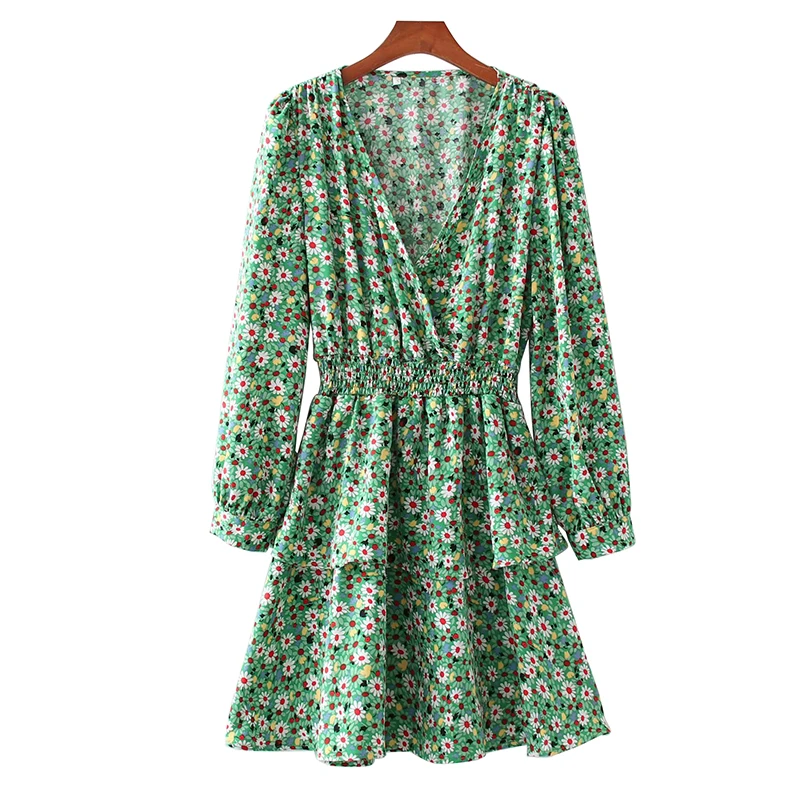 

Женское винтажное платье с цветочным принтом, зеленое короткое платье с V-образным вырезом, длинным рукавом, поясом на резинке, Повседневное...