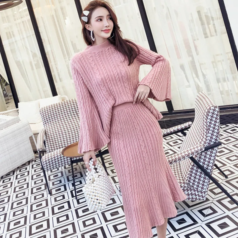 Элегантные Женские однотонные свитер юбка комплект из 2 предметов Модная одежда