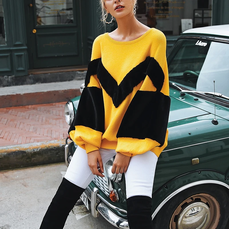 Affogatoo Patchwork faux fur sweater femme Women casual loose winter Autumn streetwear yellow jumper pullover | Женская одежда