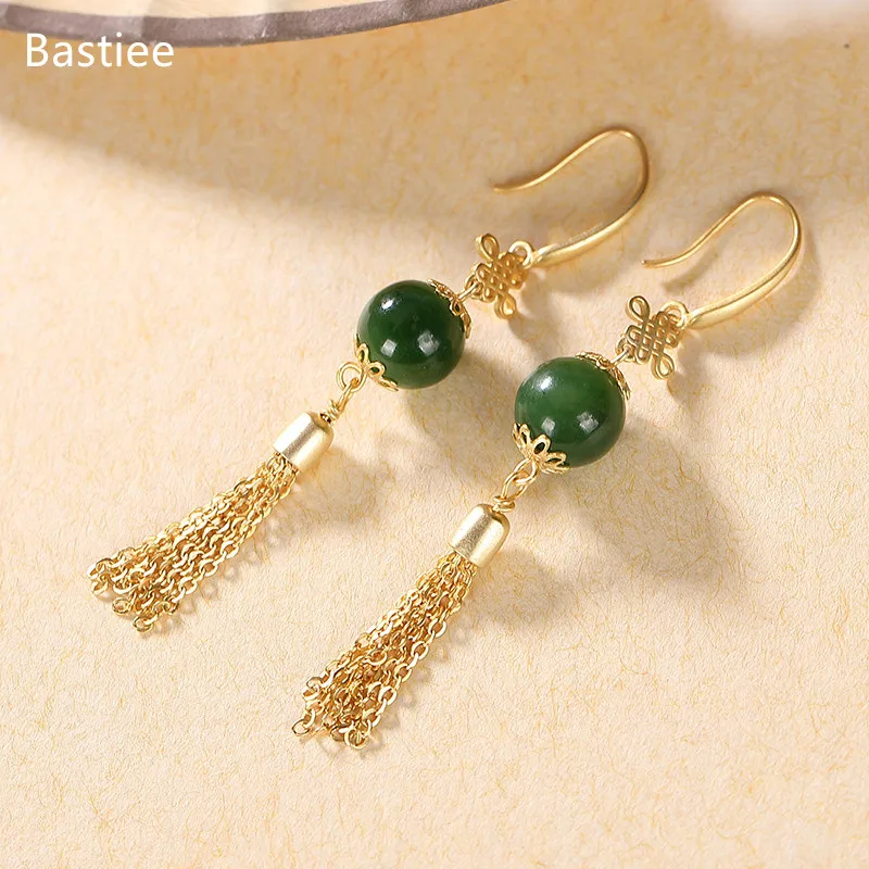 

Bastiee Silver 925 Earrings for Women Vintage Jewelry Fashion Korean Jade Dangle Earrings Golden Plated Pendientes