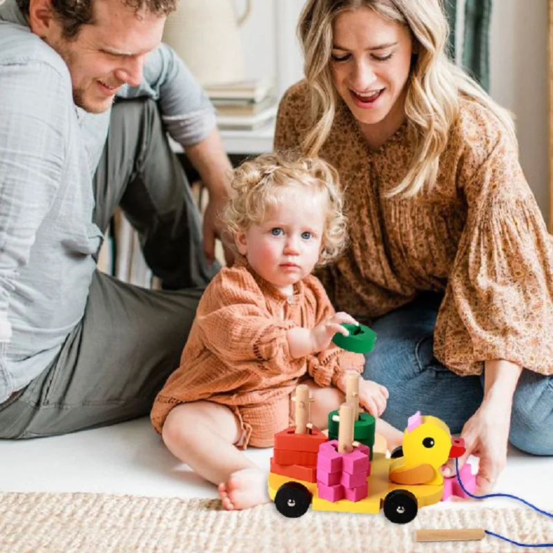 

baby wooden block toys push cart cute Little yellow duck sensory toys Early Education Toys for Kids Birthday Gift