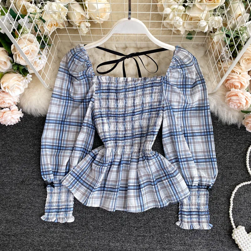 Женские топы с пышными рукавами новинка 2020 Женская клетчатая блузка эластичным