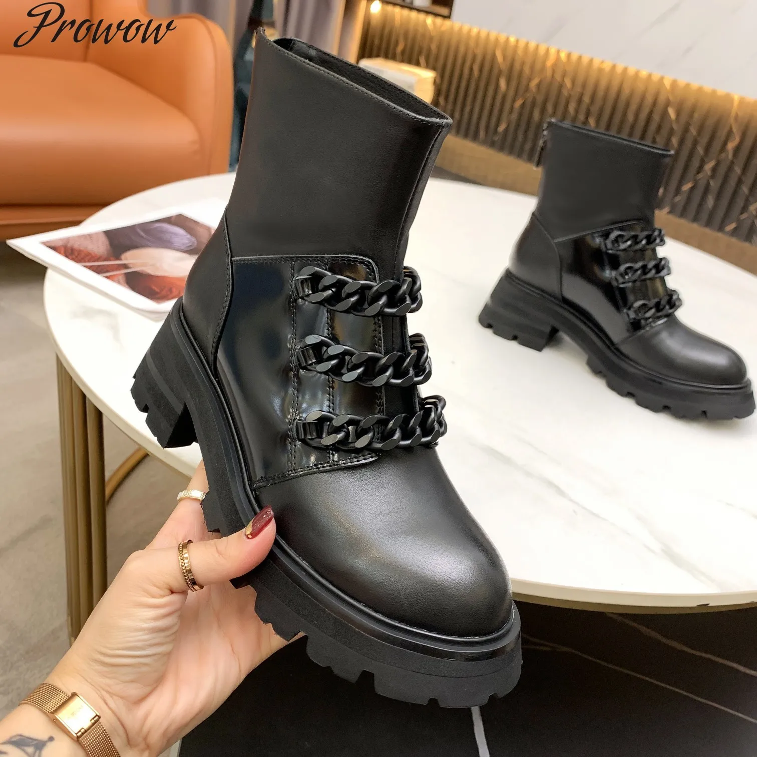 

Prowow Women Autumn Winter New Genuine Leather Ankle Boots Metal Decoration Chunky High Heels Designer Shoes ZIP
