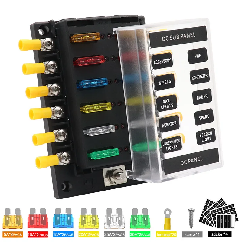 

12-32V Universal 12 Way Blade Fuse Box Holder Fuse Blocks with Red LED Indicator Fuse Sticker For Car Boat Marine Caravan Truck