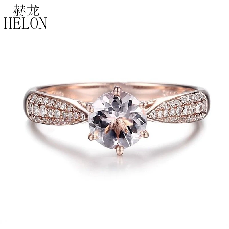 

HELON Solid 14K Rose Gold Round Cut 6mm Genuine Morganite Diamonds Engagement Ring Women Gemstone Fine Jewelry Diamond Ring