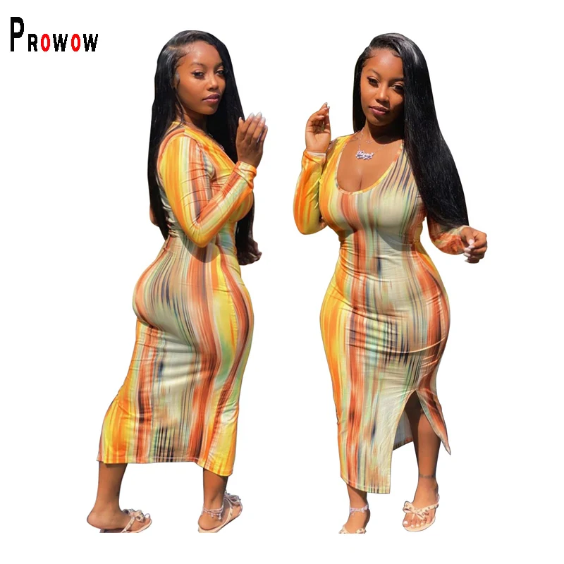 

Женское платье в полоску, с длинным рукавом и разрезом