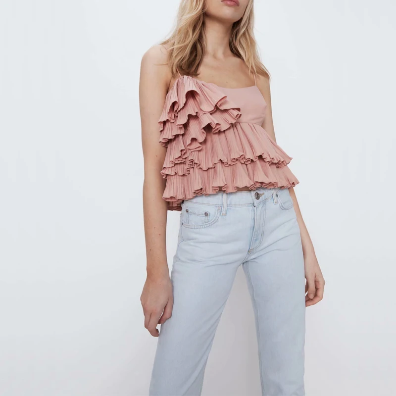 Летние женские подтяжки Топы повседневные однотонные гофрированные