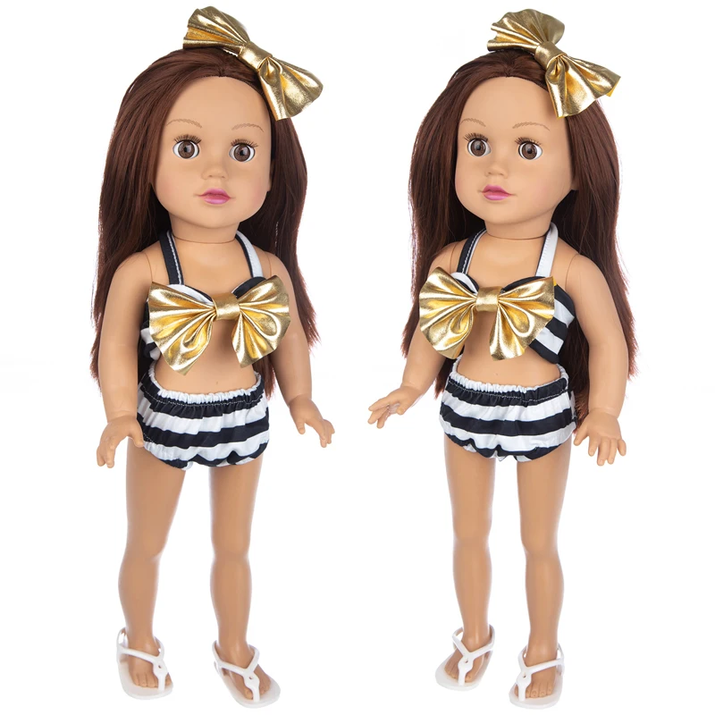 

2021 Baby New Born Fit 18 inch Doll Clothes Accessories Black And White Striped Swimsuit With Bow For Baby Birthday Gift