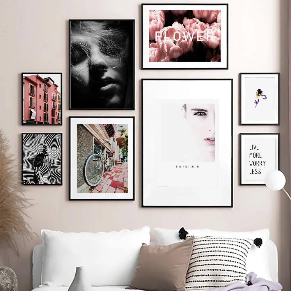 Девушка цветок велосипед Морской серфинг пейзаж настенная Картина на холсте