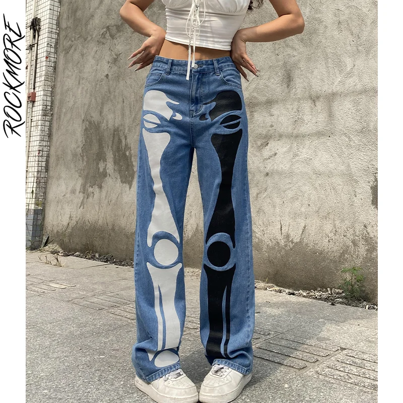 

Rockmore Skull Print High Waist Straight Jeans Streetwear Women Casual Baggy Cargo Pants y2k Mom Boyfriend Denim Trousers Capris