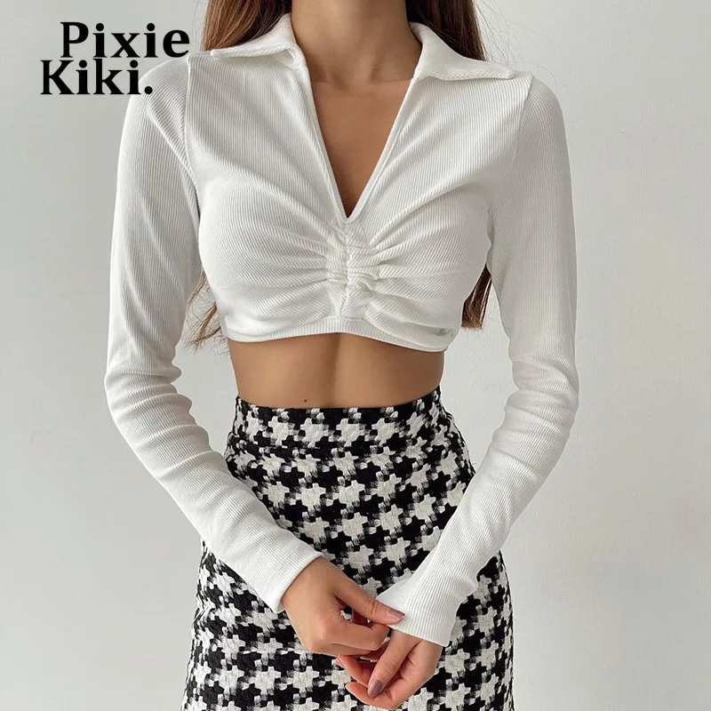 

Базовые Футболки PixieKiki с длинным рукавом для женщин, одежда на весну 2022, однотонная трикотажная в рубчик, с V-образным вырезом, сексуальный ко...