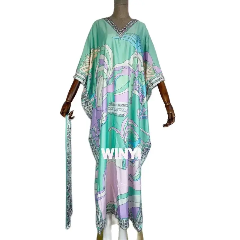 

WINYI 2021 Long Length Dress Women Silk Print Vacation Bohemian Batwing V Collar Over Size Elegant New Fashion Tide