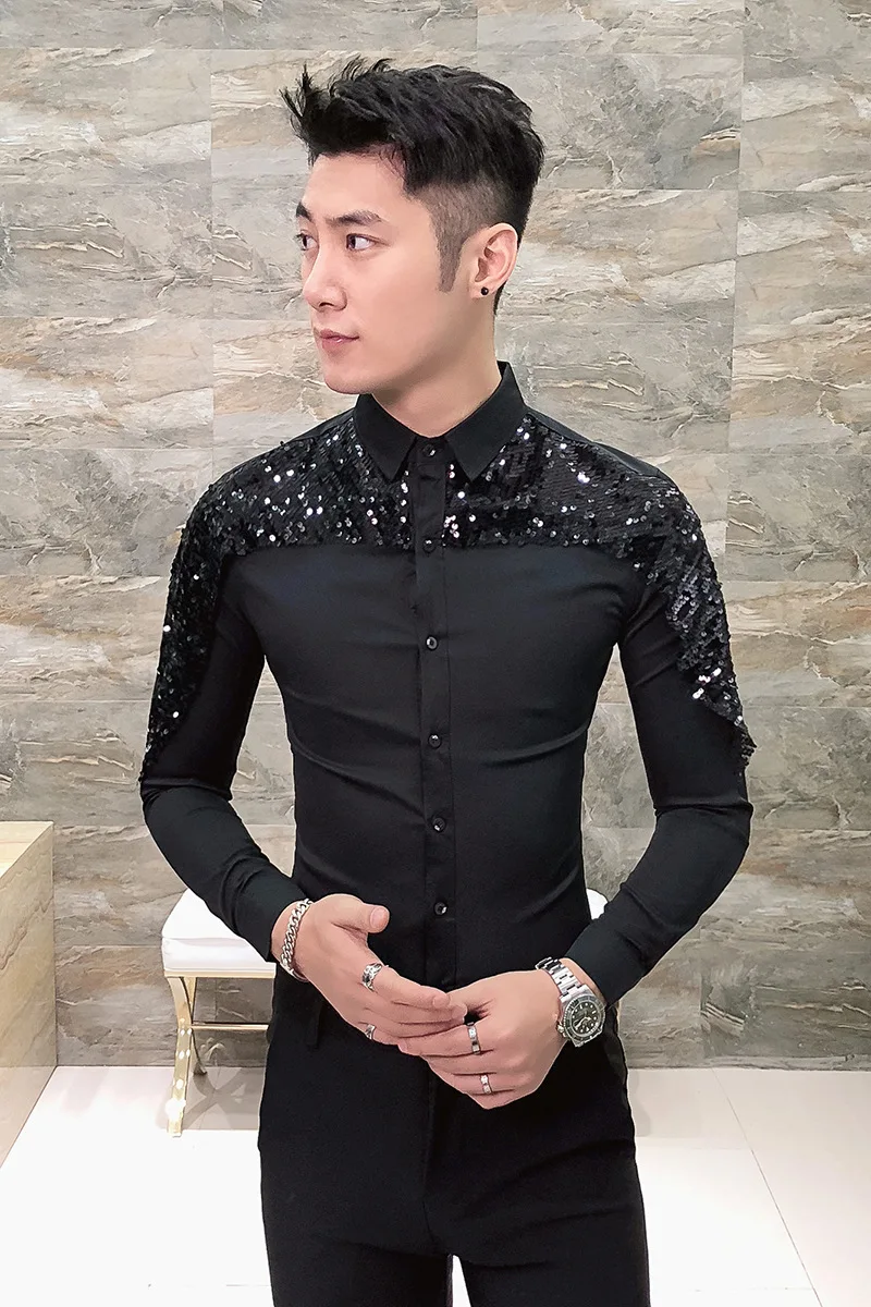 Brand Slim Fit Men Shirt Korean Fashion Paillette Shirt Long Sleeve Casual Shirts Night Club Party Prom Dress Shirt camisa