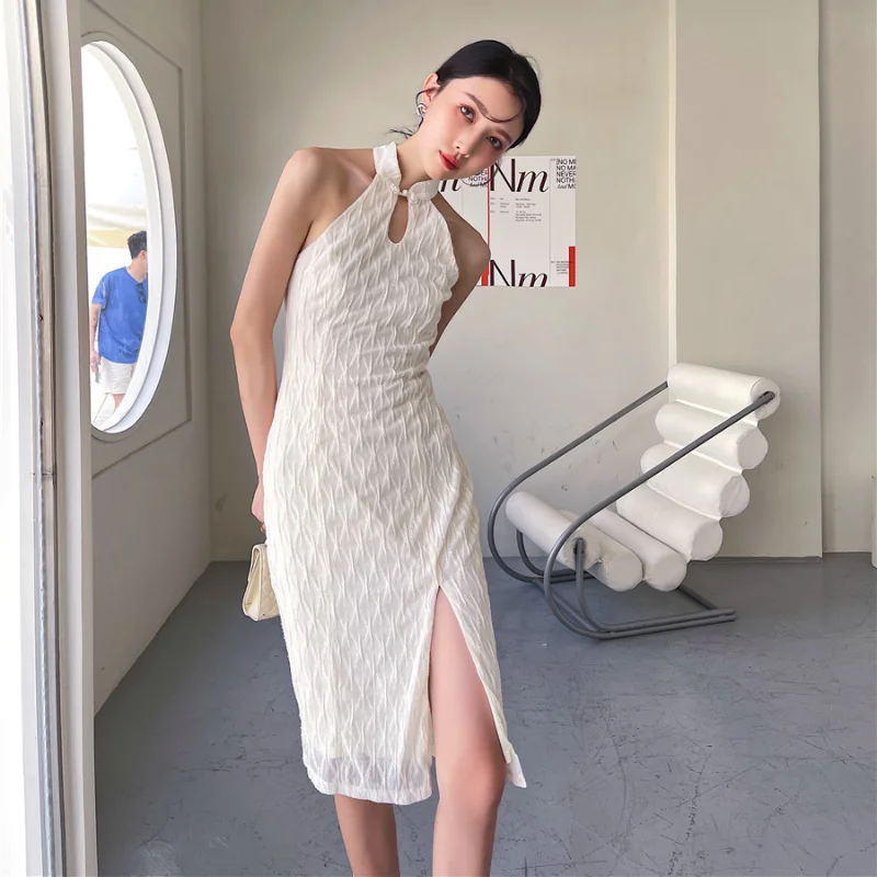

Kimotimo Elegant Sleeveless Texture Cheongsam Dress Women 2021 Chinese Style Waist Slim Split Mid-length Dresses High-end Design