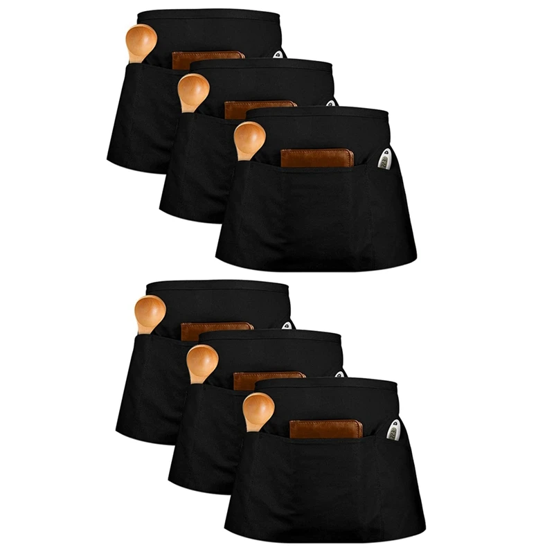 

6 Pieces Front Tie Apron, Black Waist Apron with 3 Pockets, Waiter's Apron, Kitchen Apron, Cooking Apron, Bistro Apron