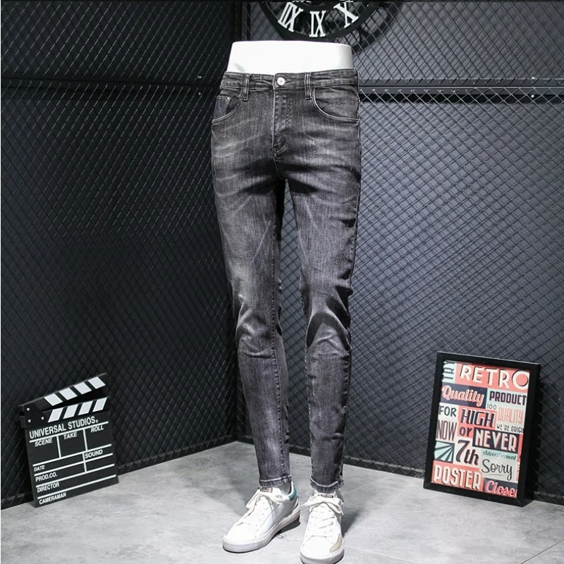 Autumn 2022 Vintage Gray Mens Jeans Fashion Streetwear Slim Fit Distressed Pocket Denim Pencil Pants Casual Men Work Trousers