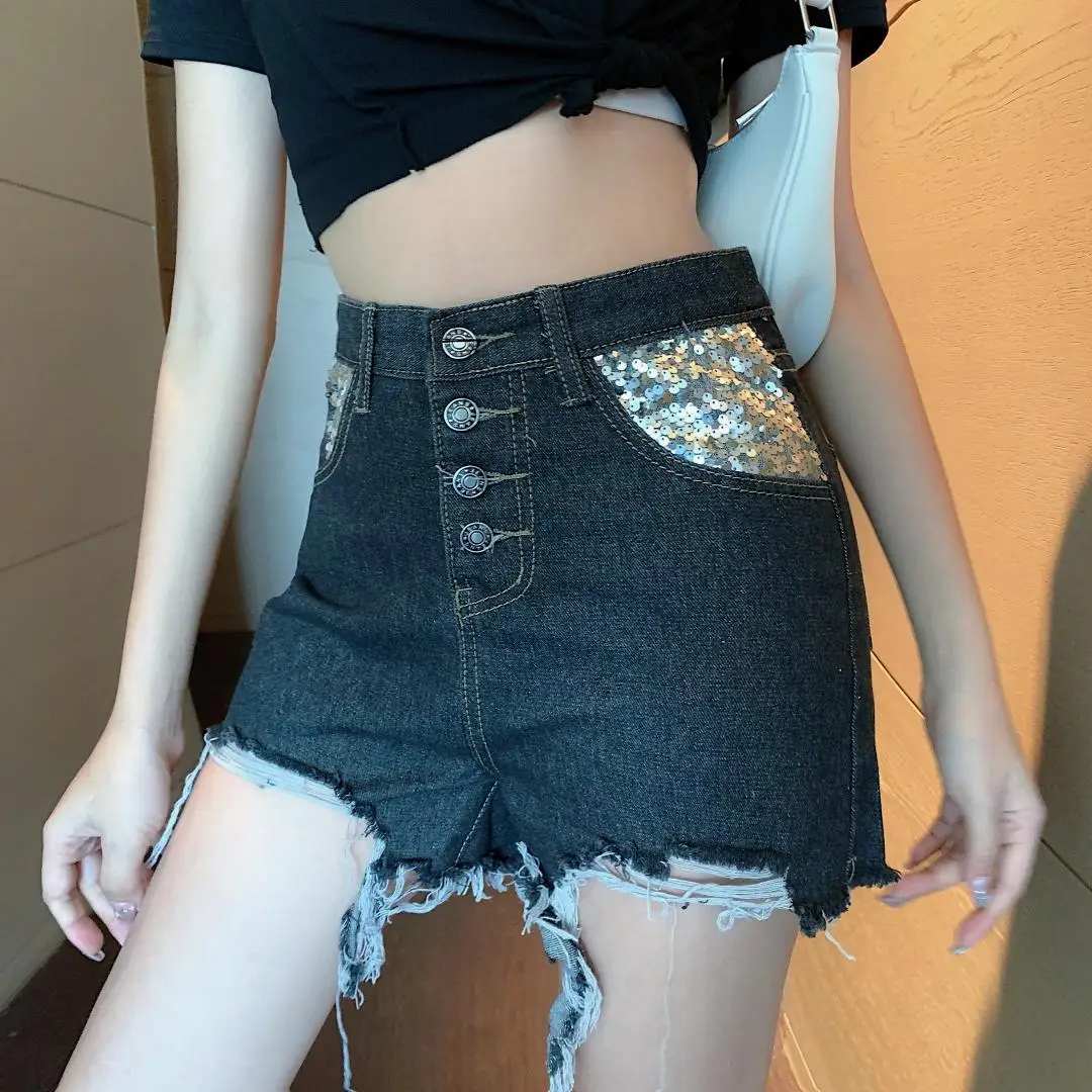 

Модная женская одежда в Корейском стиле с блестками и карманами, 2021, повседневные джинсовые шорты с высокой талией, женские джинсы в стиле Х...