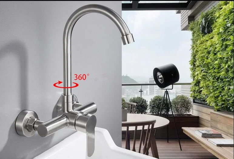 Stainless steel Wall Mounted Kitchen Faucet Kitchen Mixers Kitchen Sink Tap 360 Degree Swivel Flexible Hose Double Holes