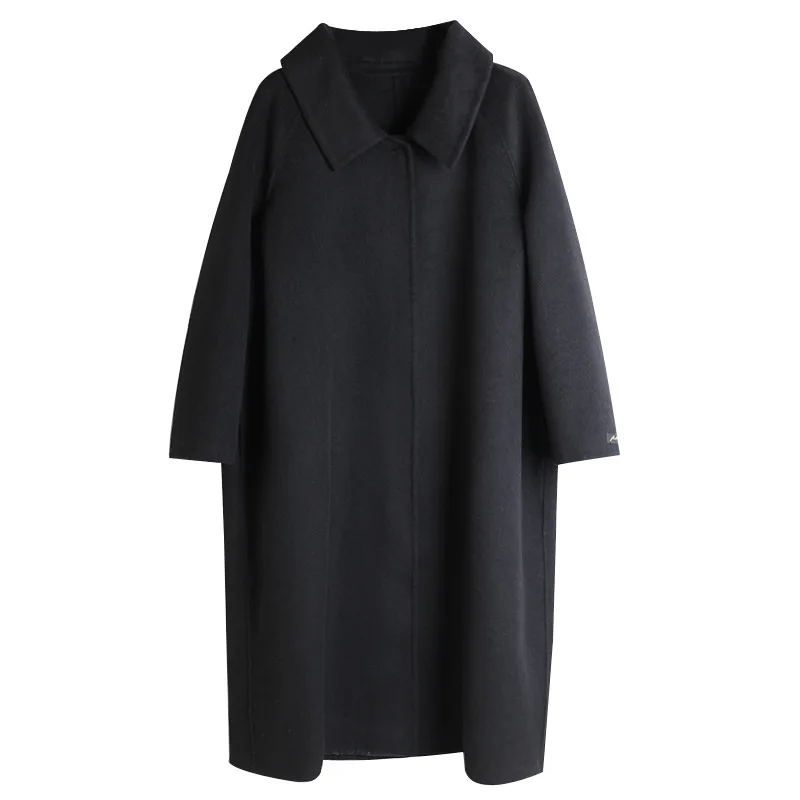 

Normcore/Minimalist Wool Long Coat Women Turn-down Collar Covered Button Wide-waisted Women Coats Autumn Winter