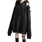 Худи женское в готическом стиле, длинная свободная однотонная толстовка с вырезами на молнии, свитшот с открытыми плечами, темный пуловер с карманами, осень 2020