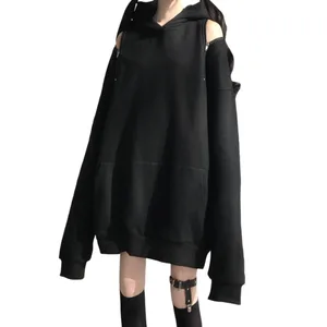 Худи женское в готическом стиле, длинная свободная однотонная толстовка с вырезами на молнии, свитшот с открытыми плечами, темный пуловер с карманами, осень 2020