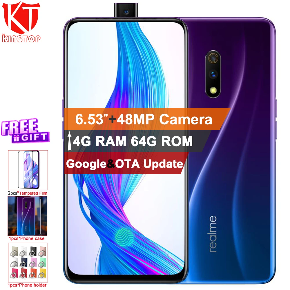 Мобильный телефон Realme X, 4G, 64G, 6,53 дюймов, AMOLED экран, Android 9, четыре ядра, 16 Мп+ 48 Мп+ 5 Мп камера, отпечаток пальца, 3765 мАч, смартфон