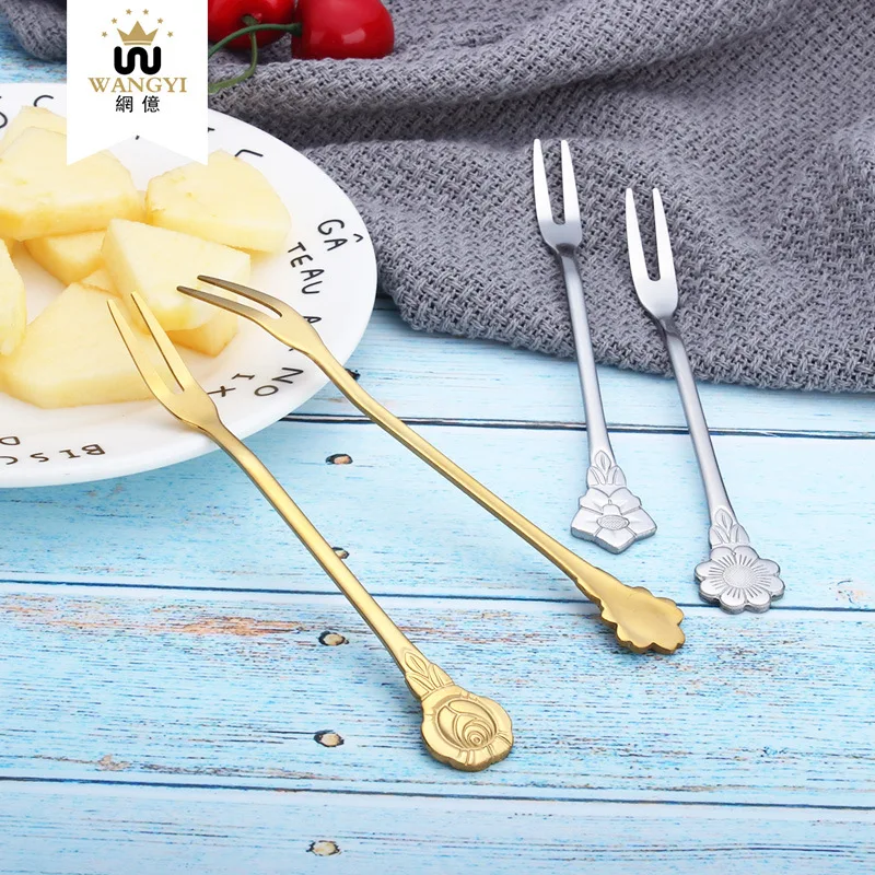 

Stainless Steel Flower Shape Fruit Fork Dessert Fork Creative Two-Tooth Fork Dessert Fork Manufacturers Direct Supply