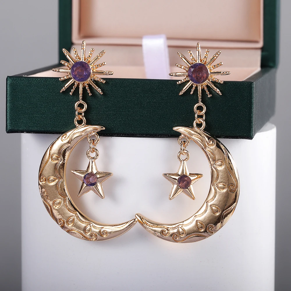 Huitan Sun Star Moon Висячие серьги для женщин фиолетовые кубические циркониевые