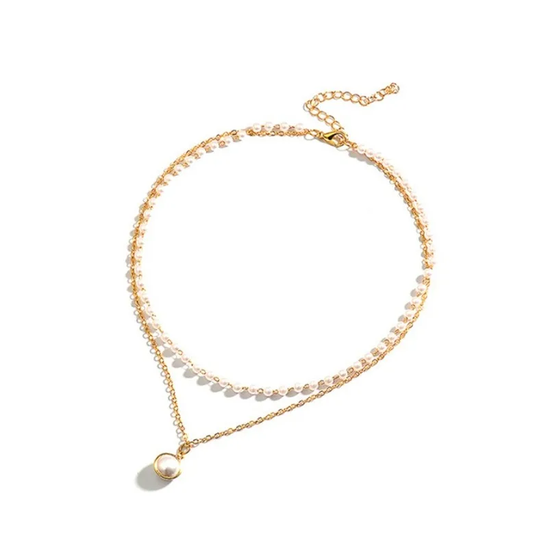 

Korean Fashion Imitation Pearl Choker Necklace for Women Wedding Jewelry Kpop Double Layer Short Gold Silver Clavicle Chain