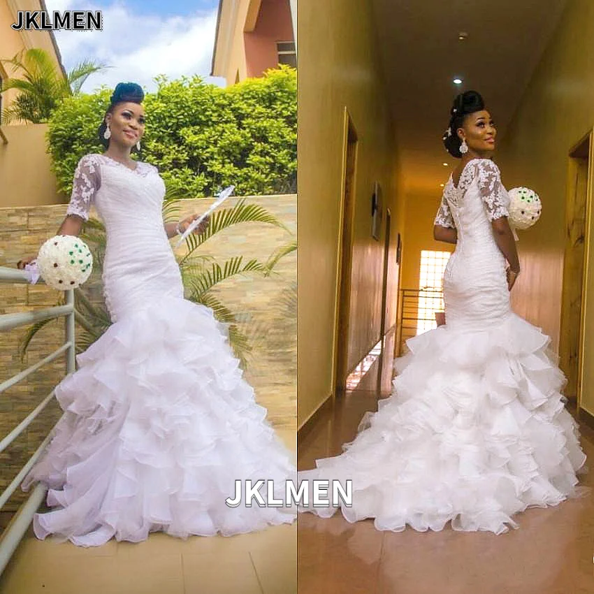 

Half Sleeves Lace-up Back Pleat Mermaid Wedding Dress Ruffle Organza Bodice Bridal Gown Custom Made Vestidos De Novia 2021