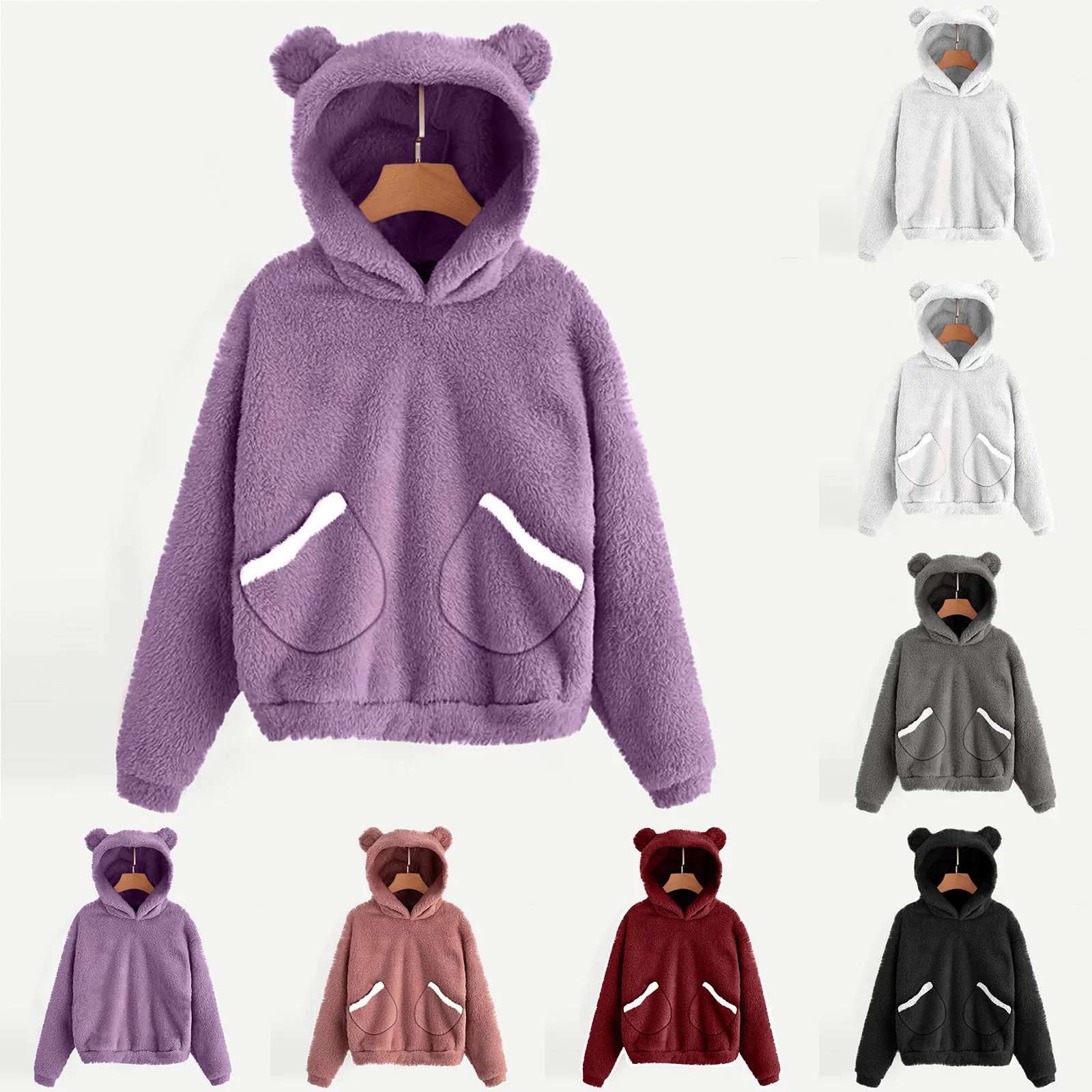 

Women's Hoodies Cotton Jacket Coat Kawaii Hooded Long Sleeve Fleece Sweatshirt Warm Bear Shape Fuzzy Hoodie Pullover With Pocket